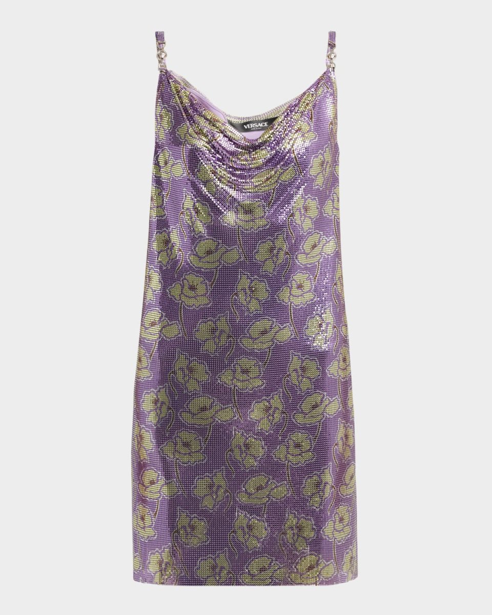 Cowl-Neck Poppies-Print Chainmail Mini Dress